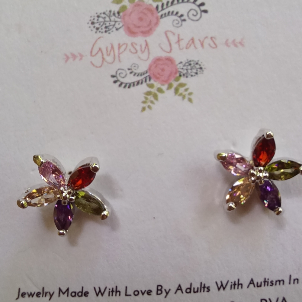 Multicolor Flower Crystal Stud Earrings - Colorful Floral Sparkle